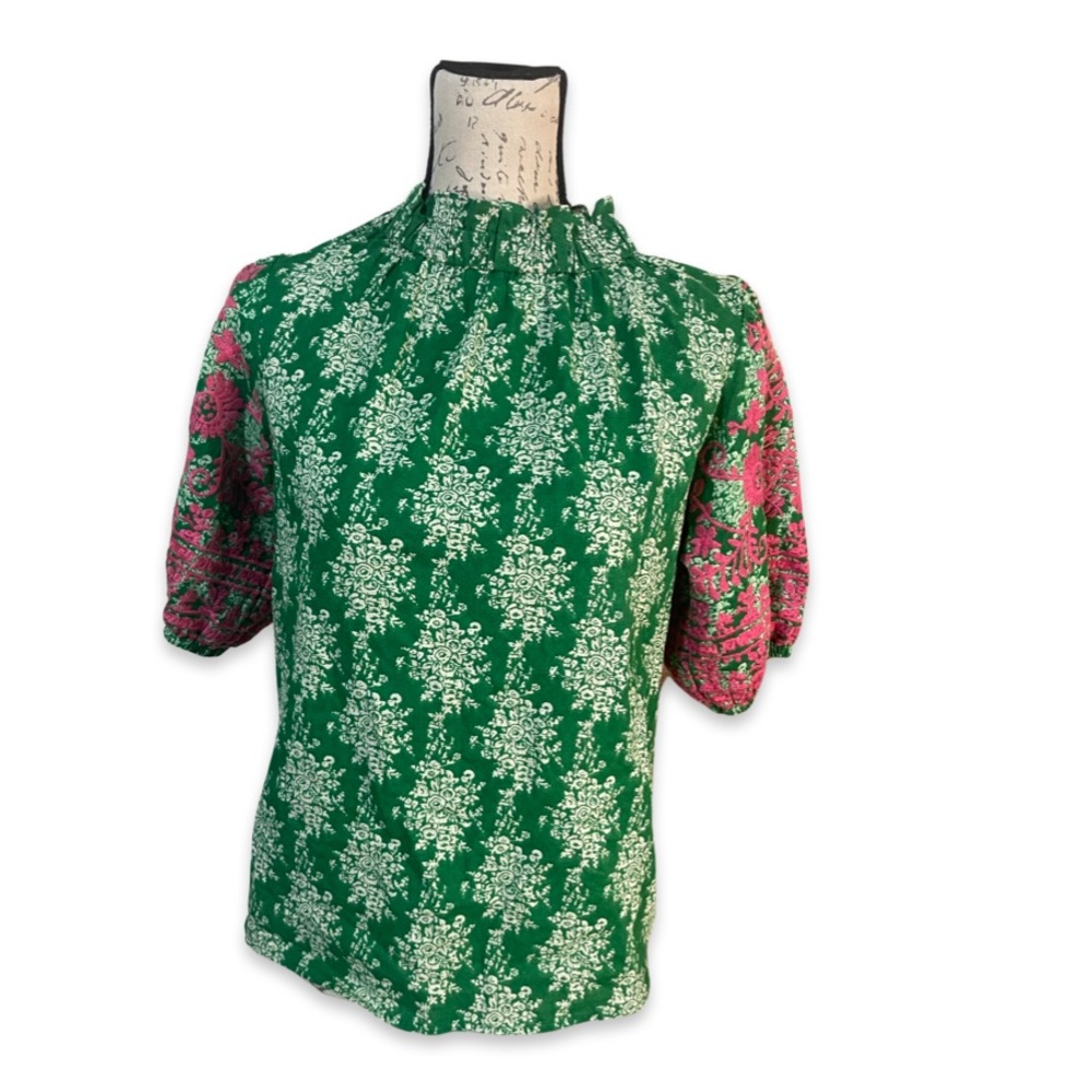 THML Green & Pink Mixed-Print Ruffled Mock-Neck Blouse